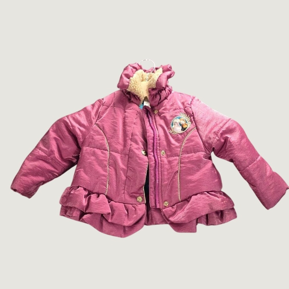 Disney Frozen Puffer Jacket Girls Size 3 Pink Excellent Elsa Anna Ruffle Hem